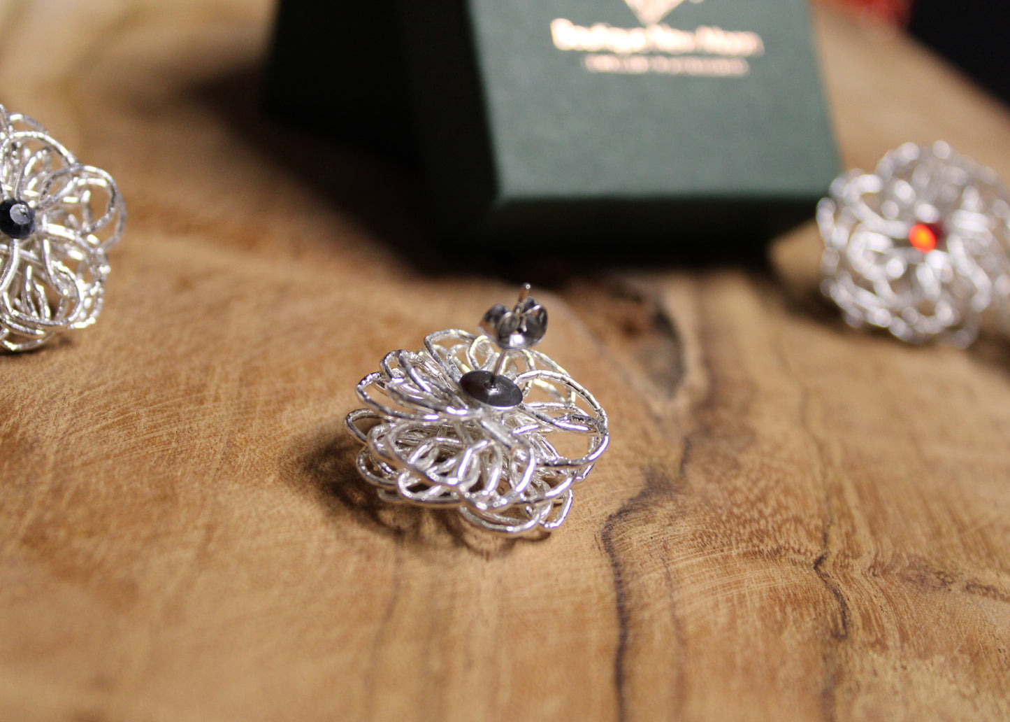 Mizuhiki Pompon stud earrings in silver with crystal bead – timelessly elegant design