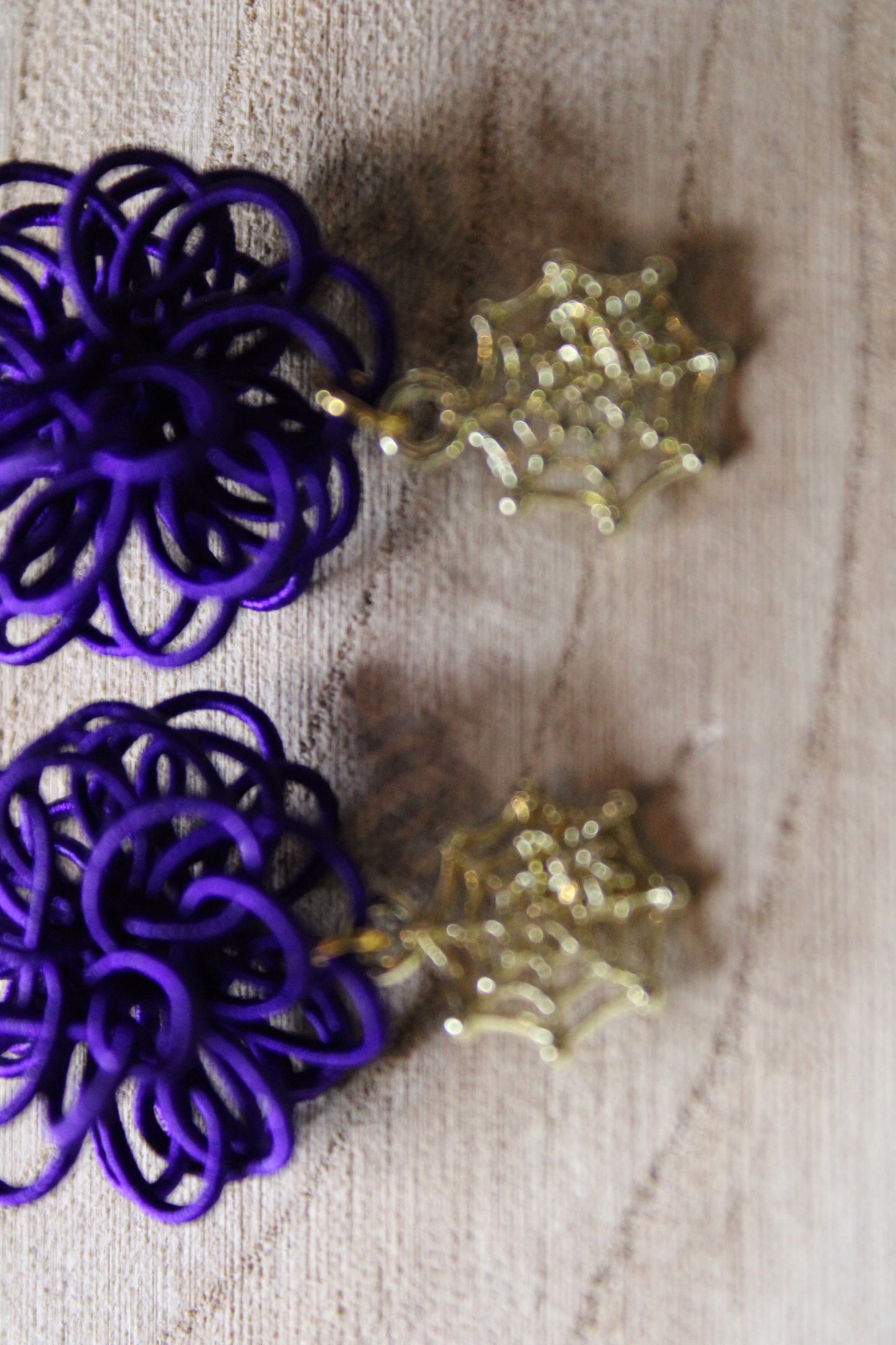 Halloween Mizuhiki Art Earrings – With Golden Spider Web, Halloween Edition