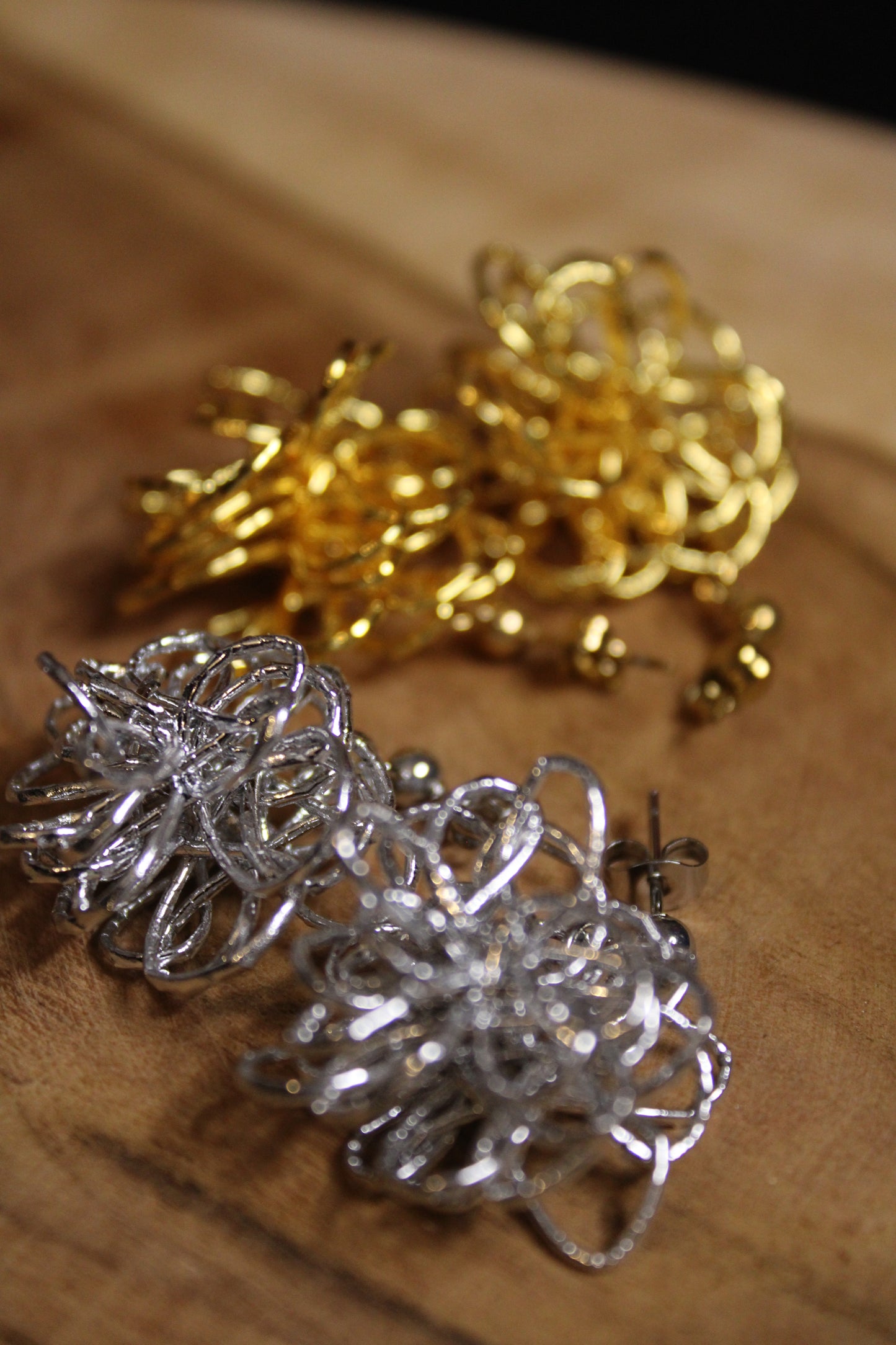 Mizuhiki Pompon Stud Earrings - Silver, Gold