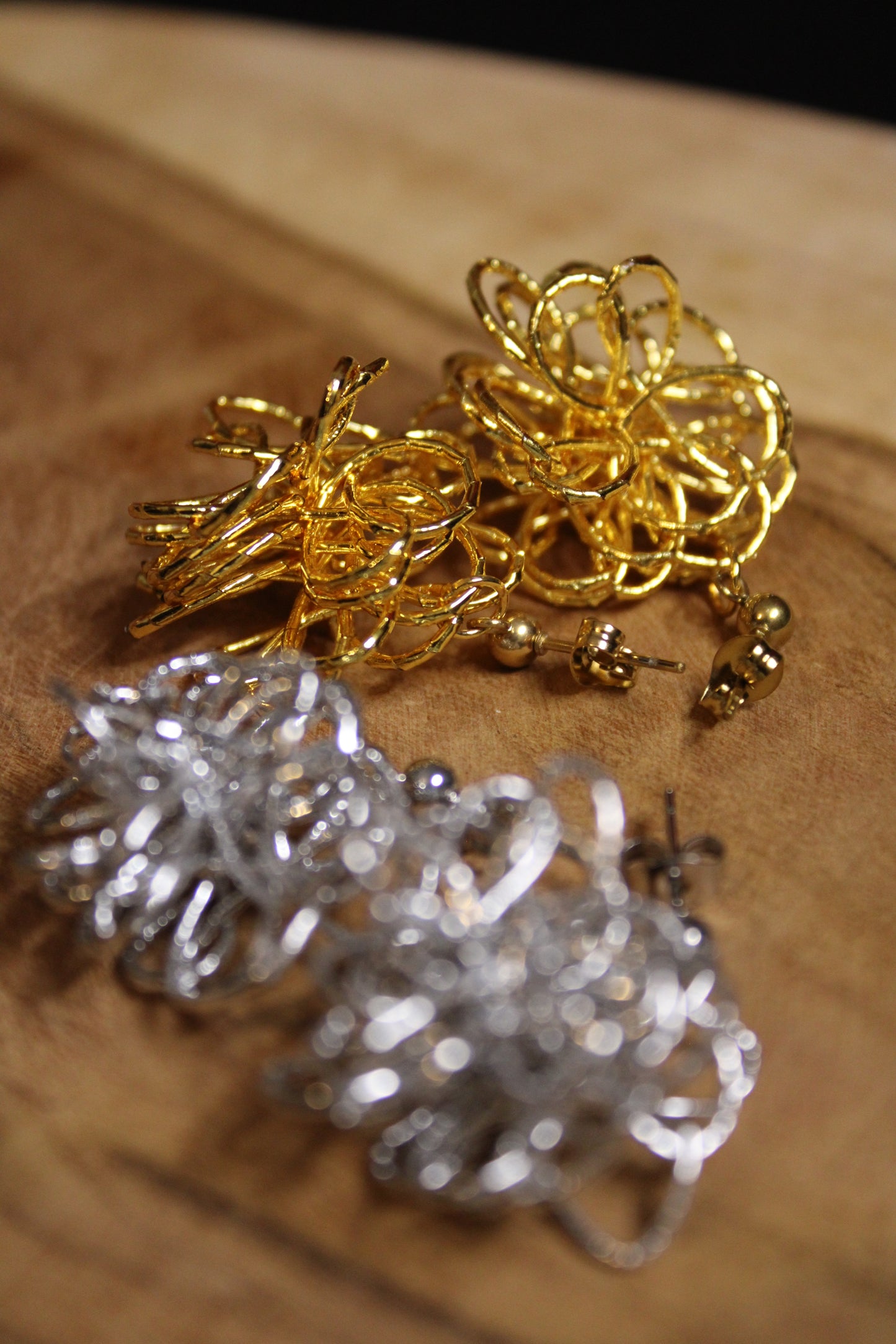 Mizuhiki Pompon Stud Earrings - Silver, Gold