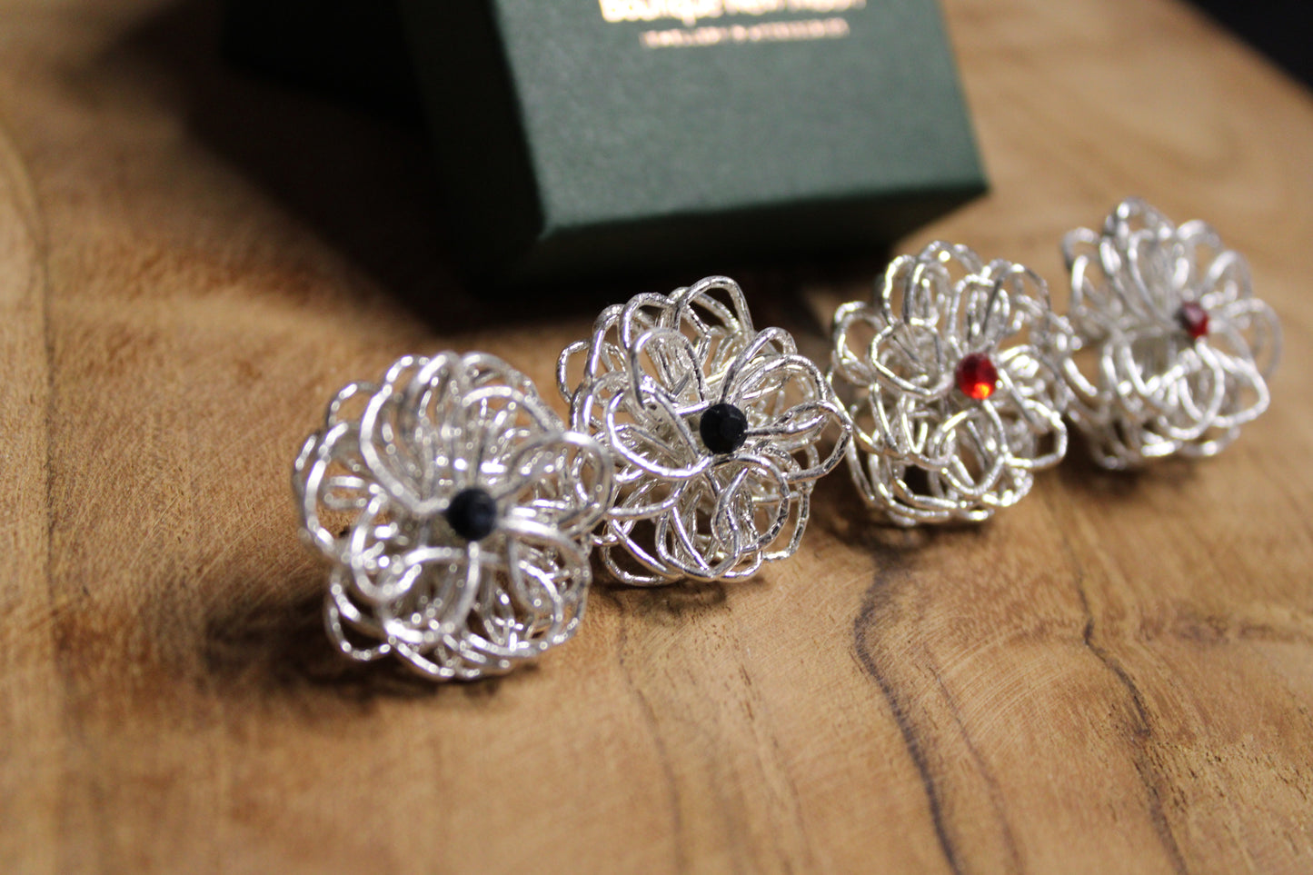 Mizuhiki Pompon stud earrings in silver with crystal bead – timelessly elegant design