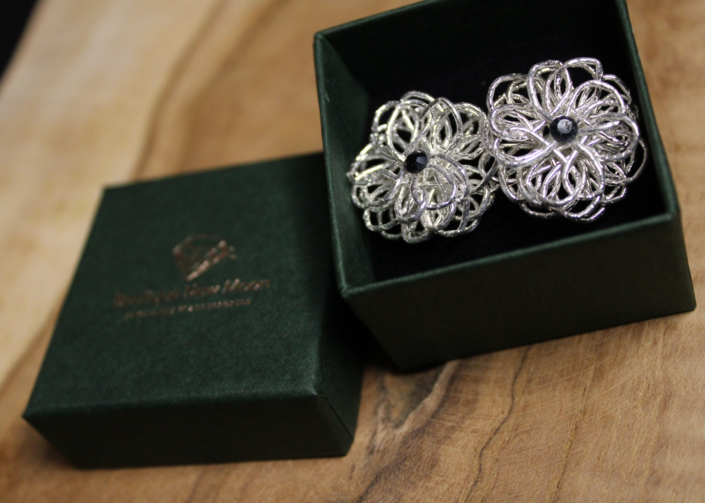 Mizuhiki Pompon stud earrings in silver with crystal bead – timelessly elegant design